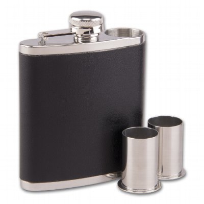 Flachmann Lederoptik mit zwei Trinkbechern